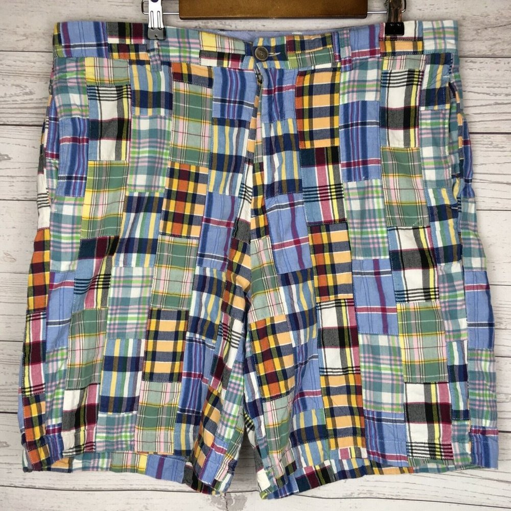 J. Crew Mens Plaid Quilted India Shorts sz 36 Flat Front Cotton Squares Colorful